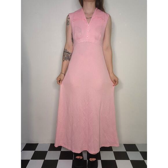60s 70s Vtg Boho Mod Light Pink Long Maxi Empire Waist Wing Collared Dress Sz Md - Picture 3 of 8